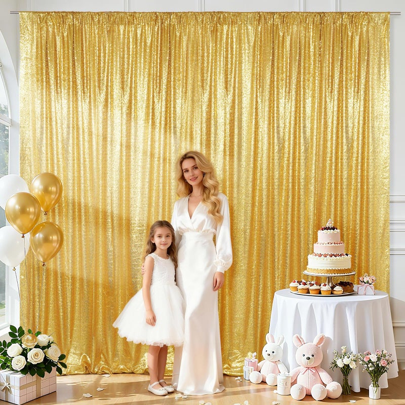SquarePie Sequin Backdrop Curtain Not See Through Background for Wedding Party 10FT x 10FT Gold - Image 3